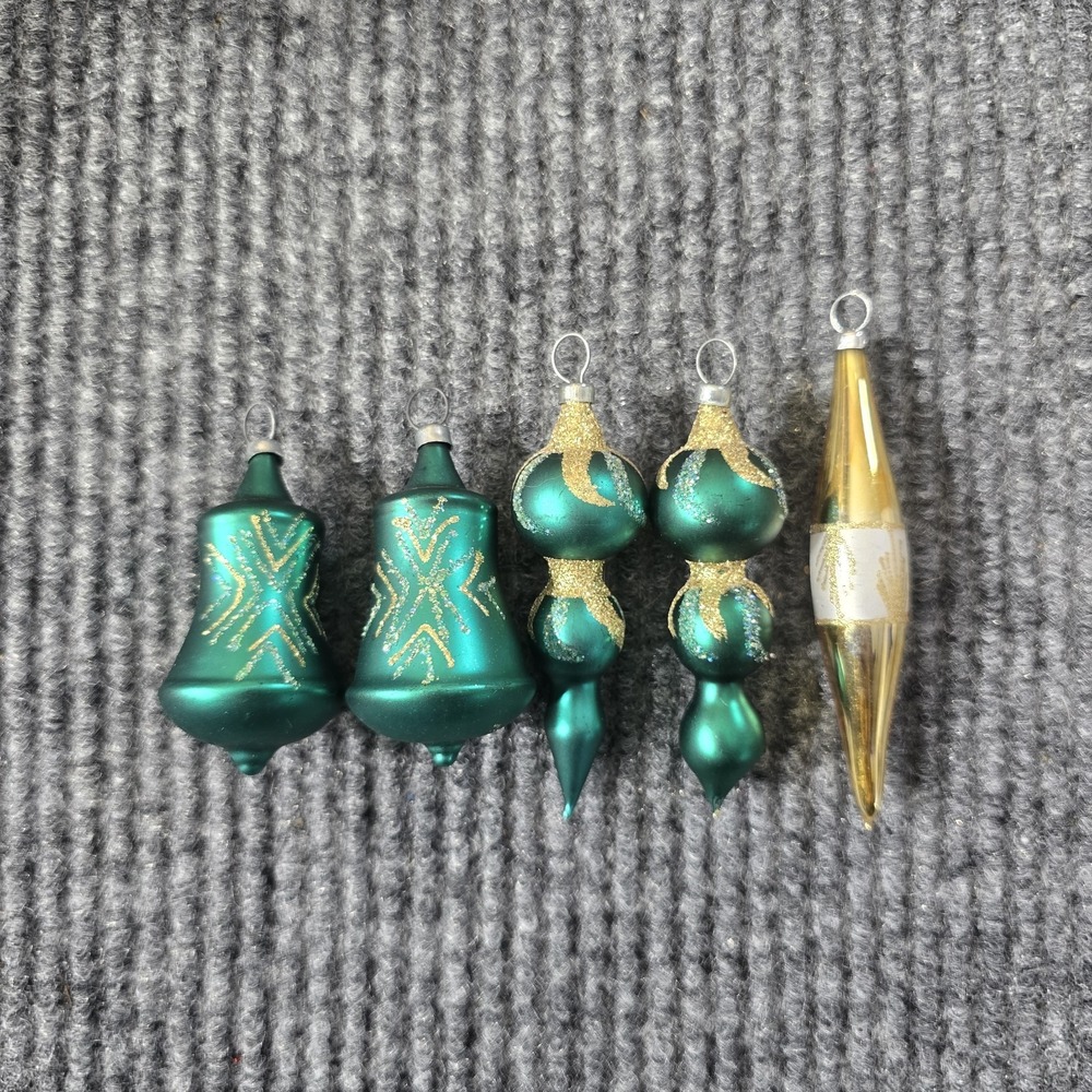 Vintage Glass Christmas‎ Ornaments Teal Green Gold Glitter Lot of 5